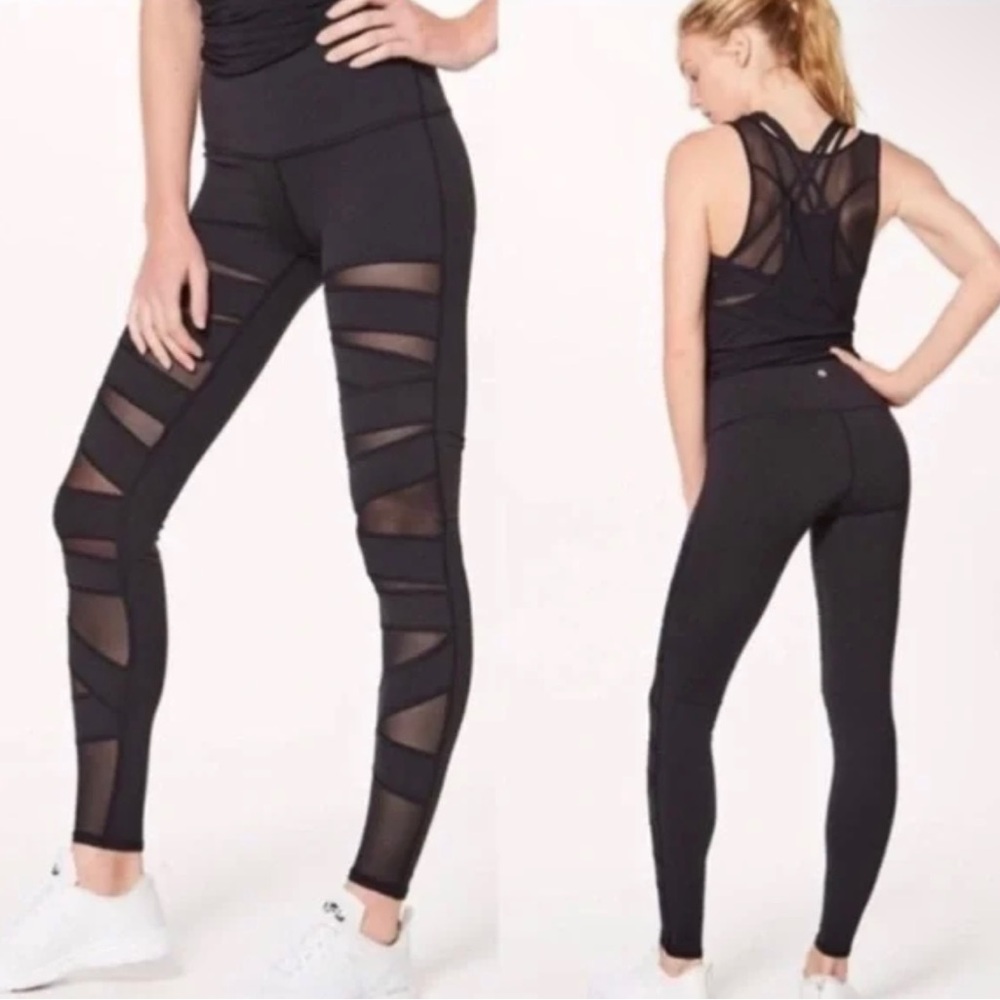 Pre Owned Lululemon Tech Mesh Black Leggings Size 6! Super rare!